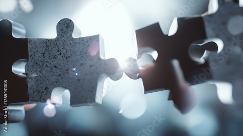 Two textured puzzle pieces connecting in bright light symbolizing solution and partnership