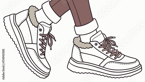 A pair of laced winter boots with fur trim are shown with brown pants and white socks on a white background