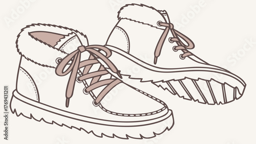 Illustration of two laced ankle boots with furry trim and jagged soles on a neutral background
