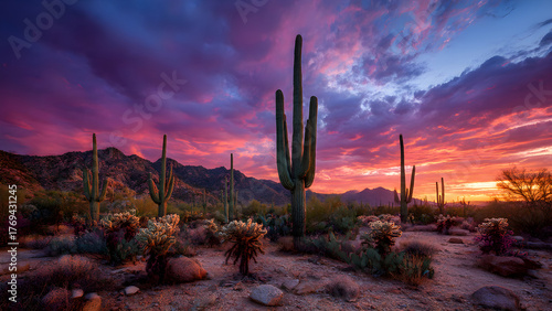  Scenic Arizona desert landscape with Saguaro cactus and dramatic clouds at sunset.