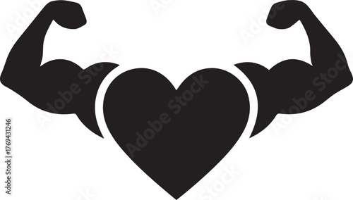 Heart Muscle Flexing Strength Symbol: Fitness, Health, and Power Illustration for Strong Heart Vector Design in Gym Black Silhouette Icon