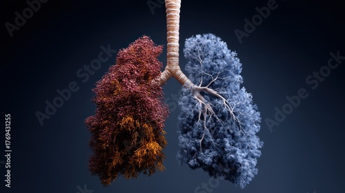 Abstract representation of human lungs contrasting healthy and damaged respiratory organs