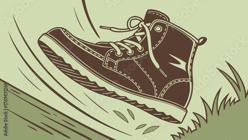 Illustration of a brown boot with laces on a light green background with grass and motion lines