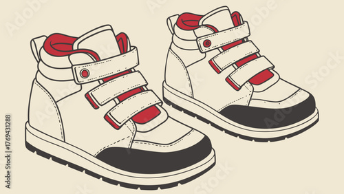 Two high top sneakers with velcro straps and red accents sitting side by side on a light background
