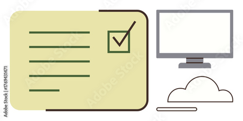 Checklist document with marked item, computer monitor, cloud icon, and tablet. Ideal for productivity, organization, digital tools, cloud systems, workflow task management and remote work simple