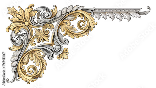 Ornate decorative corner design with intricate floral patterns in gold and silver on a transparent background.