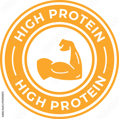 High protein label with arm muscle icon vector badge for food packaging isolated on white background