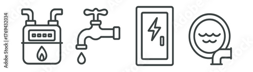 Series of icons for a water meter, a faucet, a door, and a sink