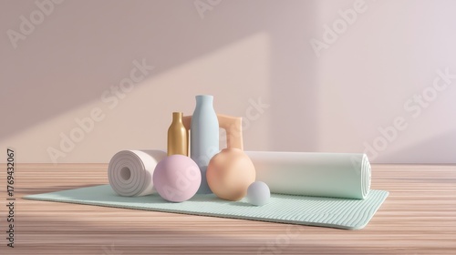 Pastel colored wellness objects arranged on a mint green yoga mat against a soft pink wall