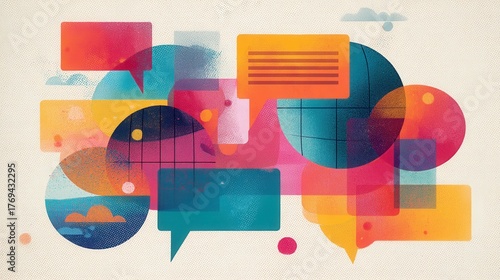 Vibrant abstract composition of overlapping speech bubbles and geometric shapes representing global communication and dialogue