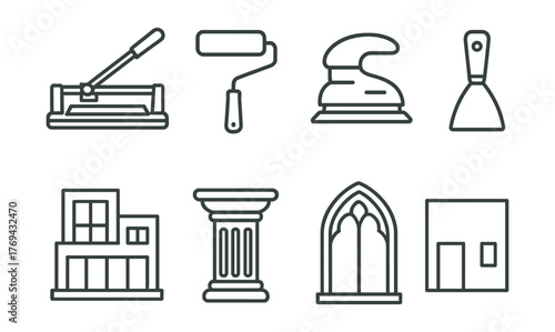 Set of icons for various tools and objects, including a hammer, a paint roller