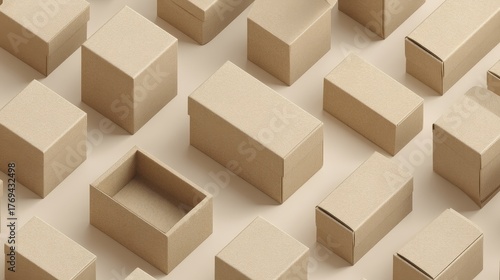 Seamless pattern of luxury beige textured gift boxes arranged in a grid on a monochromatic background