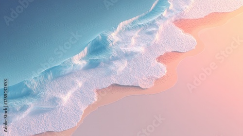 Aerial view of ocean waves washing onto a pastel pink and peach sandy beach at sunset