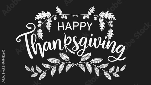 Happy Thanksgiving Calligraphy Banner with Autumn Leaves and Acorns