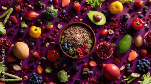Vibrant flat lay of fresh fruits, vegetables, and quinoa bowl on a purple background
