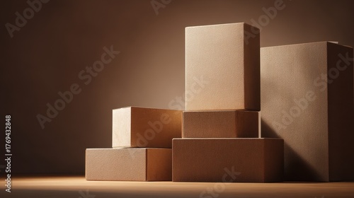 Abstract composition of stacked rectangular pedestals with textured beige surface on a wooden floor under dramatic studio lighting