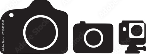 Modern camera silhouette icon set — minimal black photography symbols collection including DSLR, retro, digital, and video camera shapes for creative design projects