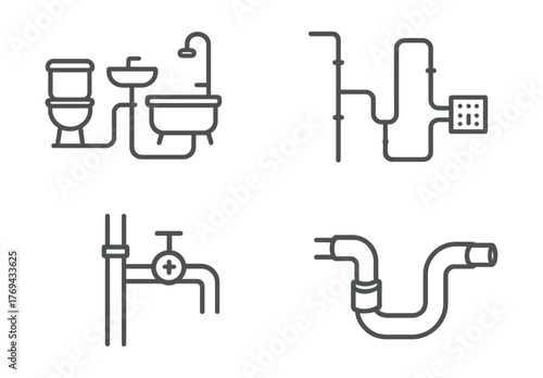 Set of four drawings of pipes and plumbing fixtures
