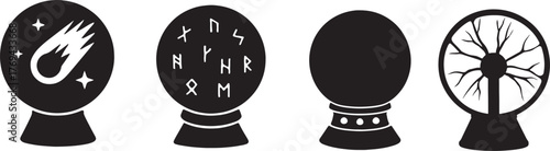 Mystical crystal ball silhouette set with magic symbols, meteor design, runes, plasma globe, and fortune-telling sphere illustration for fantasy or occult themes