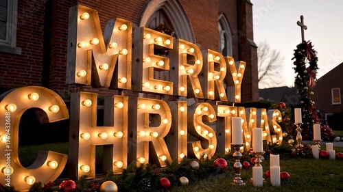 Christmas sign with decorative lights