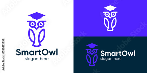 Creative simple smart owl logo template. Owl bird with graduation hat for education logo design vector illustration.