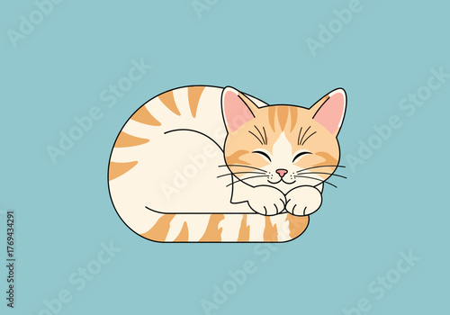 A cute, sleeping tabby cat curled up in a ball on a light blue background.