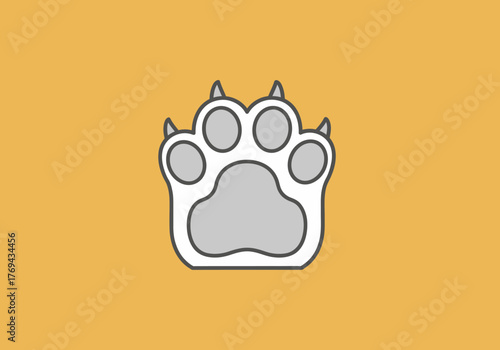 A simple cartoon illustration of a white animal paw print with grey pads and visible claws on a solid mustard yellow background.