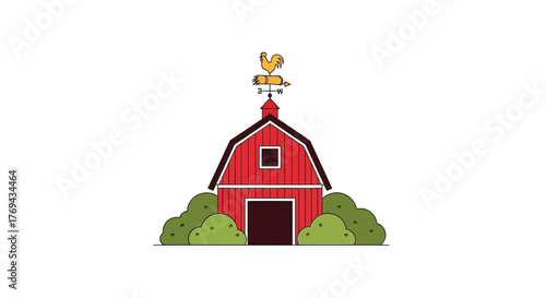 Charming Red Barn Illustration with Weather Vane and Greenery for Rural Themes