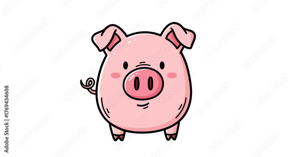 Fototapeta premium Cheerful pink piglet cartoon character with curly tail and happy expression illustration