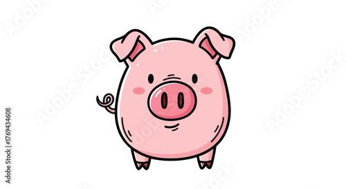 Cheerful pink piglet cartoon character with curly tail and happy expression illustration