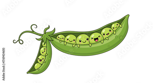 Cheerful pea pod illustration featuring smiling pea characters in a delightful vegetable family