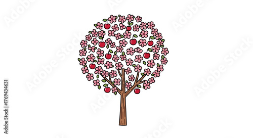 Cherry Blossom Tree Illustration with Ripe Red Cherries Symbolizing Springtime Abundance