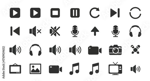 Collection of black audio and video icons arranged in a grid on a white background