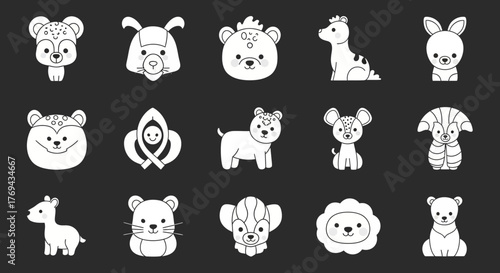Collection of charming cartoon animal illustrations in minimalist black and white design
