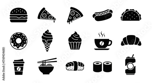 Collection of diverse black and white food icons representing global culinary offerings
