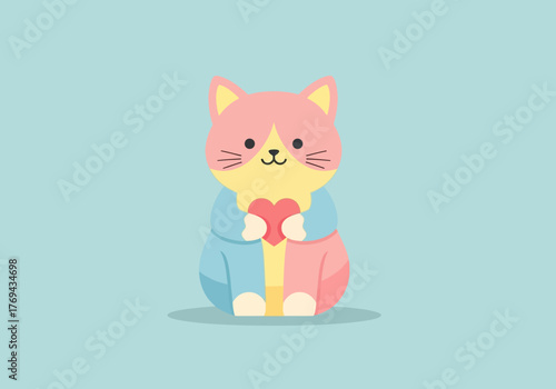 Cute cartoon cat holding a heart, colored in pansexual pride flag colors.