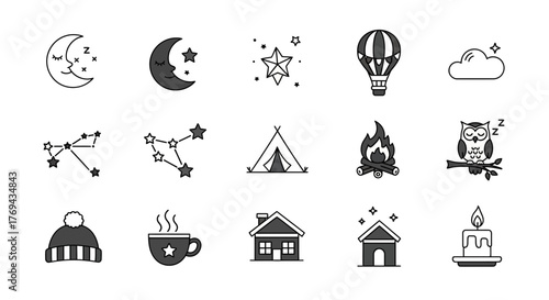 Cozy night illustrations set featuring elements of nature, warmth, and peaceful nighttime themes