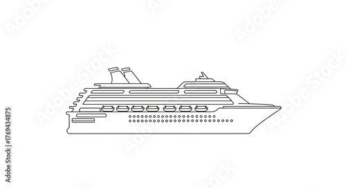 Cruise ship detailed line drawing evokes dreams of relaxing nautical adventures on the ocean
