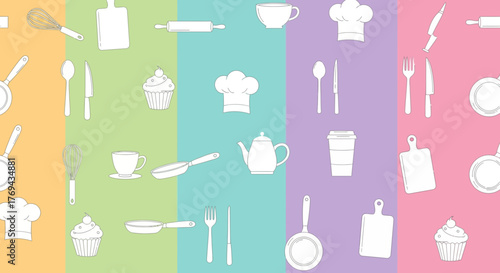 Culinary pattern showcasing essential kitchen tools and bakery icons in pastel shades