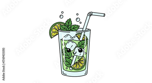 Delightful cartoon mojito illustration with charming ice cubes and refreshing ingredients