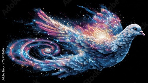 Artistic rendition of a celestial dove against a black background with vibrant colors