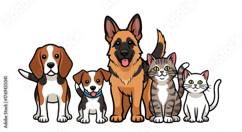 Delightful cartoon pets: two dogs and three cats in a friendly family gathering