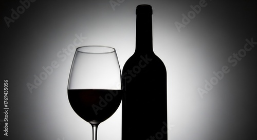 Silhouette of wine glass filled with red wine and a wine bottle