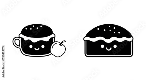 Delightful duo of desserts featuring kawaii cakes and a playful apple, rendered in monochrome