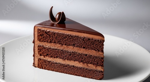 Slice of rich chocolate cake with glossy ganache topping on a white plate