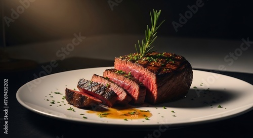 Sliced steak with rosemary and herbs on a white plate