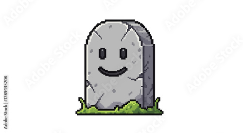 Charming pixel art tombstone exudes eerie allure with minimalist expression and grassy base