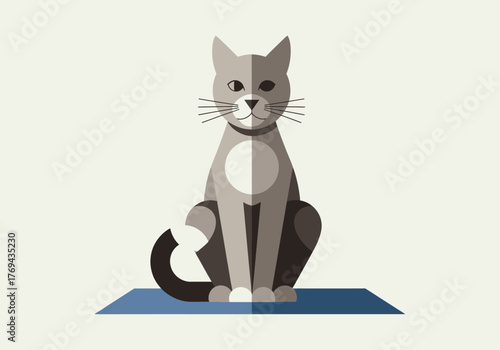 Flat design illustration of a grey cat sitting on a blue mat with a split-tone style.