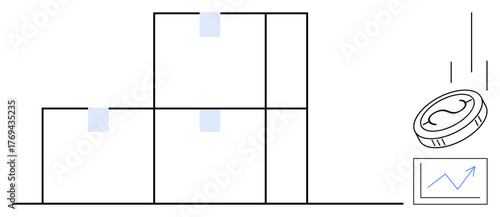 Stacked boxes represent supply chain or growth. Falling coin symbolizes investment. Upward graph indicates success or profit. Ideal for finance, logistics, e-commerce, growth, investment, success