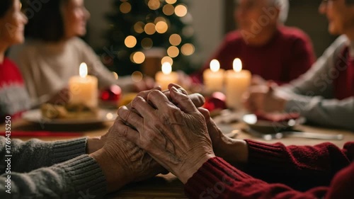 Senior man and woman pray, holding hands together during a Christmas holiday family dinner with religious gratitude, footage